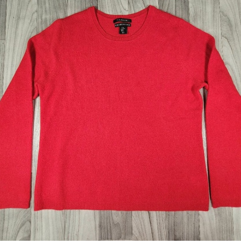 Tahari Cashmere Sweater Pure Luxe Women’s Crew L Red Classic Lightweight Luxury